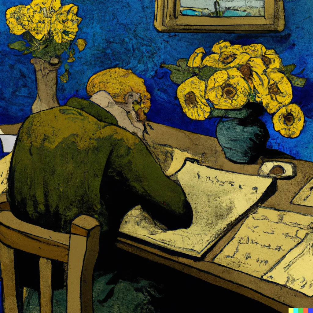 Painting of a person writing at a table with flowers